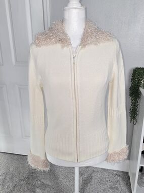 Vintage Q&A Cream Knit Cardigan with Shaggy Faux Fur Trim - Size L -